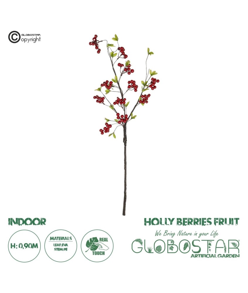GloboStar® Artificial Garden RED HOLLY BERRIES FRUIT BRANCH 21430 Τεχνητό Διακοσμητικό Κλαδί Κόκκινο Γκί Y90cm